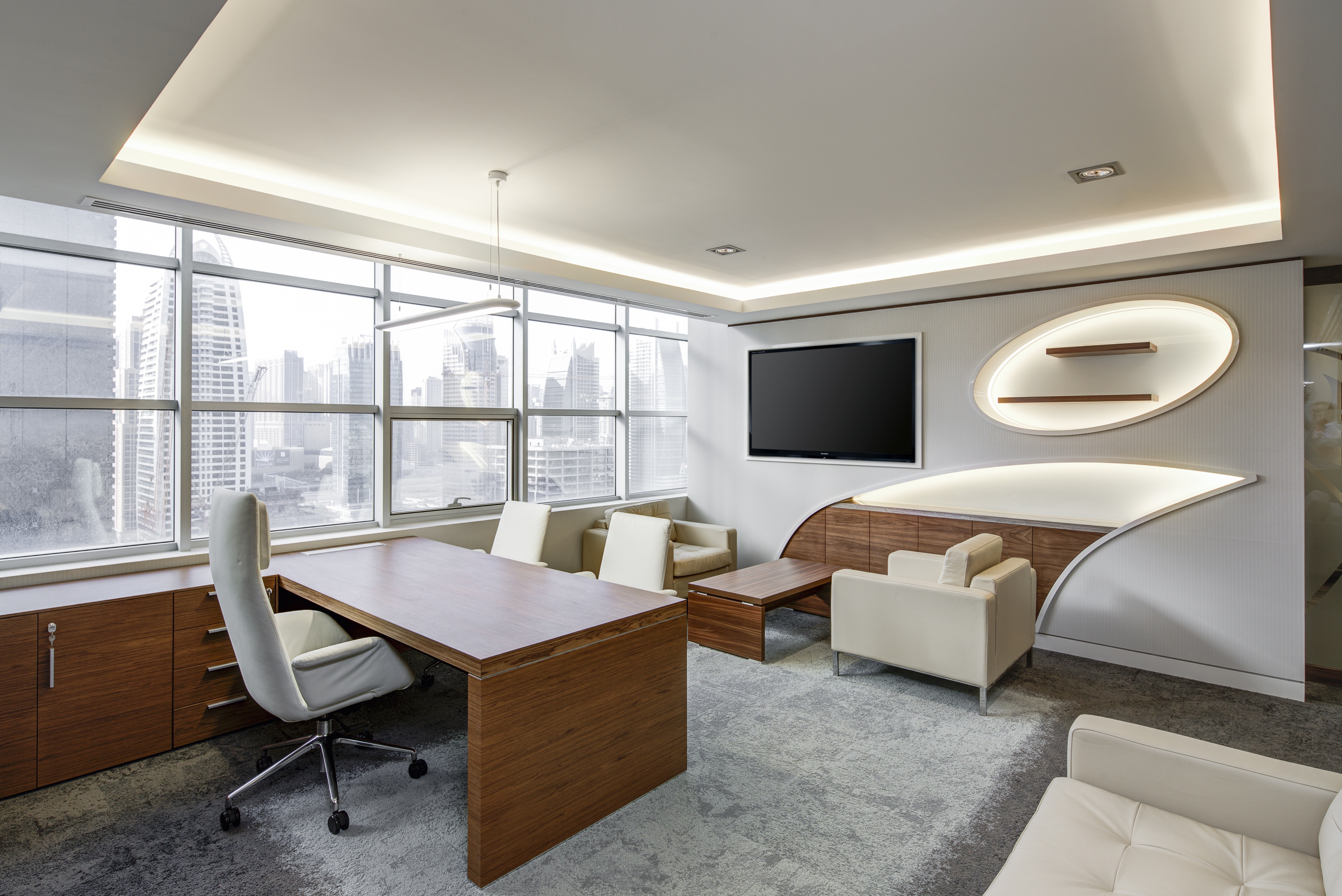modern office with white interior and lights